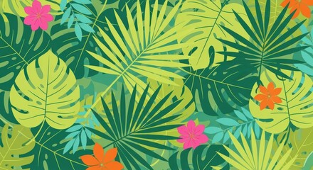 Vibrant tropical foliage pattern with bright pink and orange accents for a lively feel