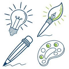 Illustration featuring a lightbulb, paintbrush, pencil, and paint palette in a creative arrangement