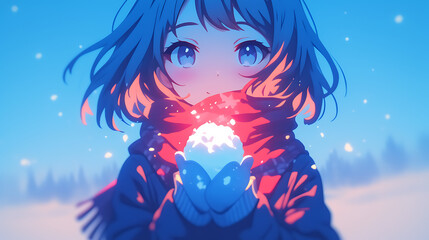 Anime girl holding snowball in winter