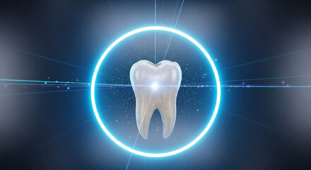Glowing tooth inside neon blue circle, symbolizing dental health and advanced oral care technology with futuristic dark and light flares
