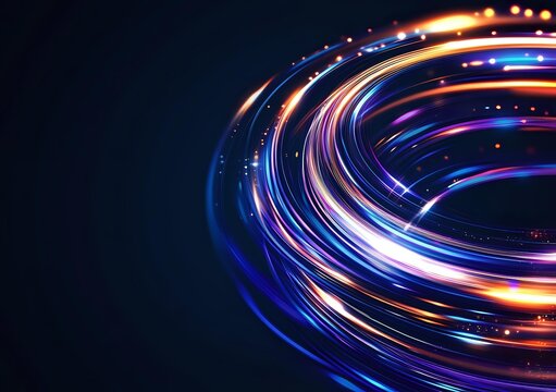 Glowing spiral light trails in blue, orange and purple colors against dark background create dynamic motion effect with bright sparkles and energy flow.
