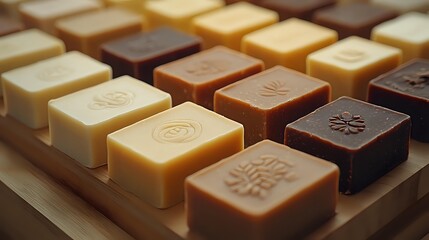 Artisanal soap bars in various shades of brown, cream and white arranged in neat rows on wooden surface, showcasing natural handmade cosmetic products with embossed patterns.