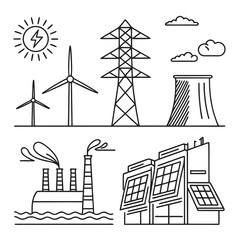 Illustration showing various energy sources including solar wind nuclear and fossil fuel power plants