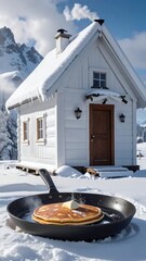 Snowy cabin with pancake in pan