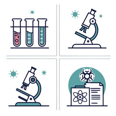 Illustration of medical science equipment including test tubes microscopes and biohazard symbols shown