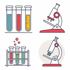 Illustration of laboratory equipment including test tubes with colored liquids and two microscopes on white background