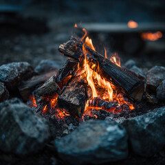Dramatic bonfire with flames against evening sky