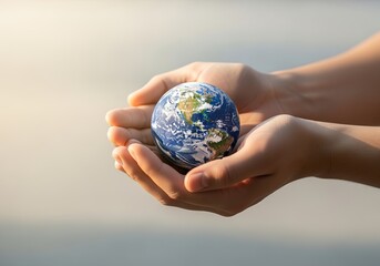 Hands gently cradling a small earth model in soft light