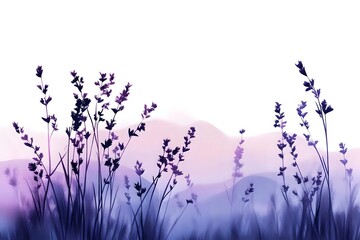 Obraz premium Silhouettes of lavender flowers against purple misty mountains background, creating dreamy atmospheric nature scene for wellness and spa designs.