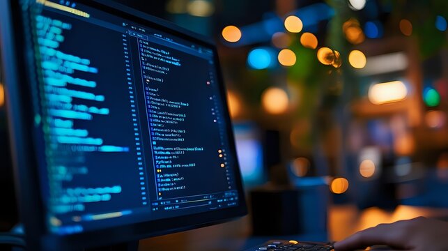 Programming code on computer screen with blurred bokeh lights in background, dark modern workspace setup for software development and coding.