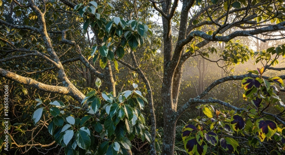 Wall mural footage of hybrid pestresistant trees with mixed leaf patterns and robust branches gently swaying in
