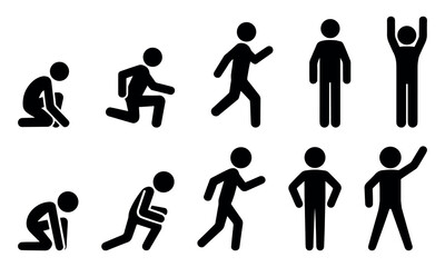 Stickman posture and motion vector set, minimal human body silhouette showing sitting, running, and stretching actions, perfect for infographic, health, education, and ergonomic design concepts