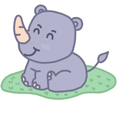 A cartoon rhino is sitting on the grass