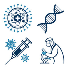 Illustration showing virus cell dna strand syringe and scientist with microscope in blue and white color