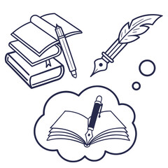 Illustration of books stacked with a pen a quill and a thought bubble with a book and pen inside it