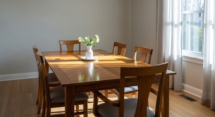 Fototapeta premium Sunlight streams into the dining room, illuminating a wooden table set for six.