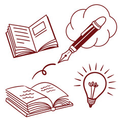 Illustration of books with open pages, a pen with a cloud, and a light bulb emitting rays of light