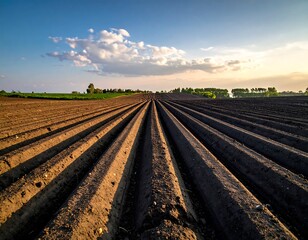 Plowed field under a partly cloudy blue sky