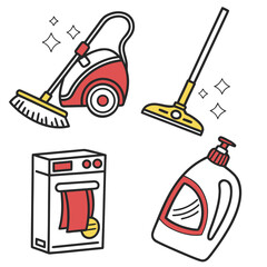 Illustration of cleaning supplies including a vacuum cleaner, mop, washing machine and detergent
