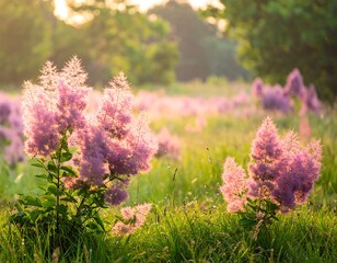 Pink flowering plants in a sunlit meadow