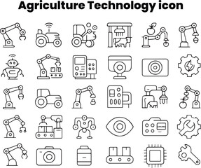 Vector outline set featuring autonomous tractors, drones, and IoT monitoring systems for farms.