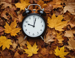 Concept, daylight saving time. Sommer time, winter time, changeover, switch of time. Clock as a timer for celebrations. Autumnal forest and leaves. Clock and time concep