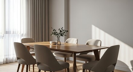 Fototapeta premium Sunlight streams into a warm and inviting dining room with modern furnishings.