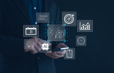 Businessman using smartphone with artificial intelligence icons, data analytics, and digital innovation concepts. Modern technology for smart business management and productivity growth.