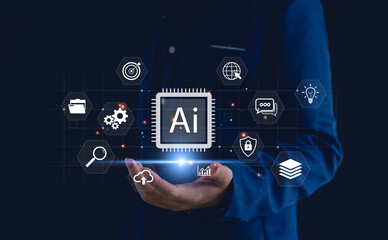 Artificial intelligence concept with AI chip and digital icons representing data, innovation, automation, and security technology, suitable for business, marketing, and futuristic technology design.