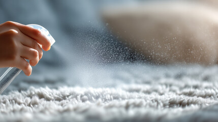 Macro close-up of a kennel odor eliminator spray bottle deodorizing a pet bed