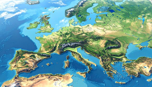 Topographic relief map of the European continent and seas.