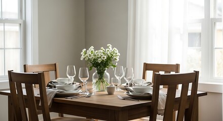 A beautifully styled dining room table set for a meal with natural light streaming in.