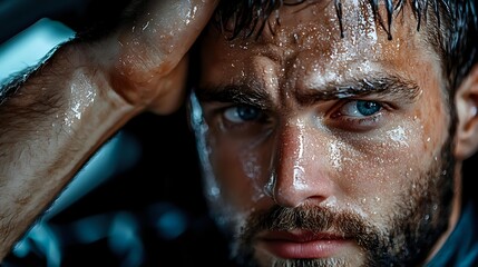 Intense close up portrait of athletic man with blue eyes and beard covered in sweat during workout, dramatic lighting and teal background for sports and fitness concepts.