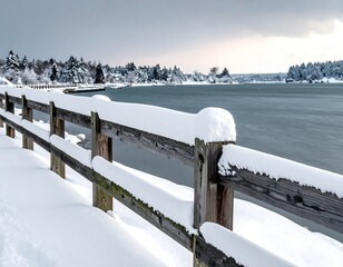 Snowy fence by a lake in winter