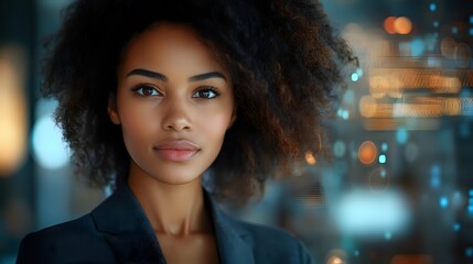 Obraz premium Young African American businesswoman with natural curly hair against blurred city lights background, professional corporate portrait with soft bokeh effect.
