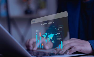HR manager using recruitment analytics dashboard on a virtual screen to optimize talent acquisition. Concept of data-driven hiring, HR technology, and cost per hire analysis for business.