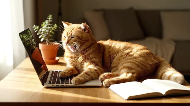 Cozy orange tabby cat yawns wide while playfully 'typing' on a laptop in a sunlit home office, a humorous and endearing portrayal of pet life and remote work