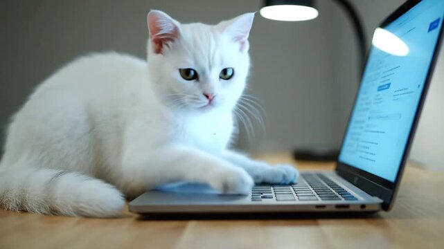 A fluffy white cat sits and interacts with a laptop computer on a desk.