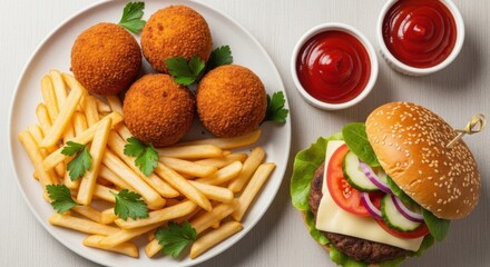 Delicious fried appetizers and a gourmet burger with fresh toppings