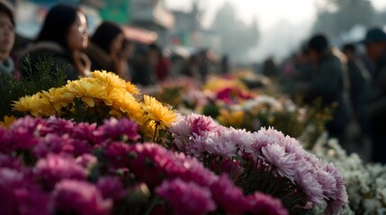 A vibrant outdoor flower market displays colorful chrysanthemums with blurred people browsing in the background