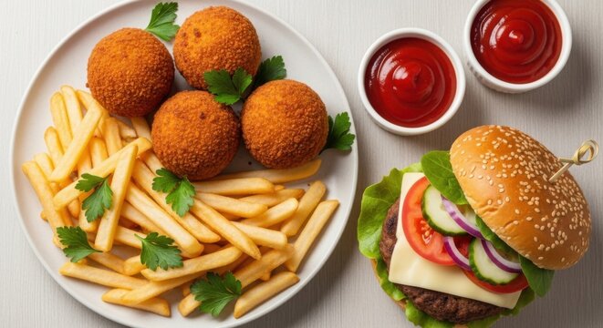 Delicious fried appetizers and a gourmet burger with fresh toppings