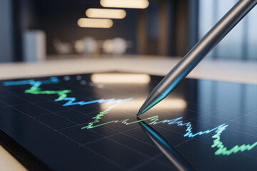 Modern trading concept with neon green graph and stylus control