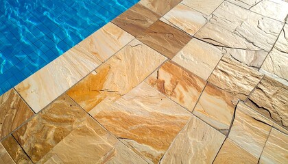 Poolside view with natural stone tiles and clear water