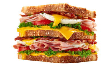 Stacked club sandwich with multiple layers of meat, cheese, and vegetables between toasted bread slices