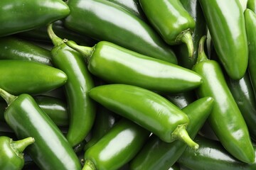 Fresh green jalapeno peppers as background, top view