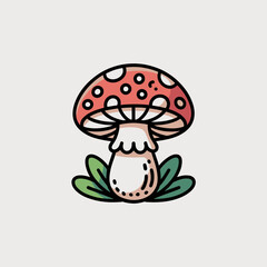 Vector art of a cute, cartoonstyle illustration of a red mushroom with white spots, nestled among green leaves, on a plain background, evoking a whimsical and natural theme