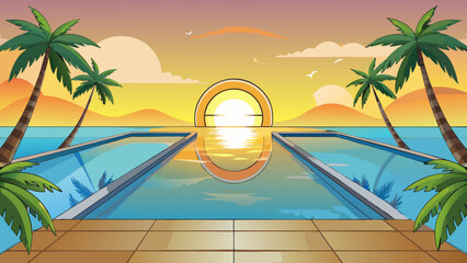 topical beach sunrise with palm trees reflected in a serene infinity pool at a seaside resort