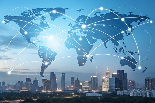 Global Network: Interconnectedness depicted through a network of lines overlaid on a world map and a modern city skyline, symbolizing global connectivity and international relations.