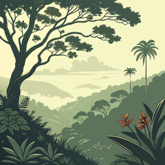 Vector art of lush tropical forest landscape