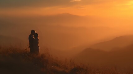 Fototapeta premium Silhouette of romantic couple embracing on mountain peak during golden sunset, dramatic orange sky and misty mountain ranges creating atmospheric landscape.